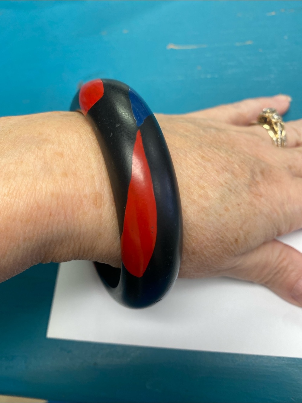 Vintage Black Resin Bangle Bracelet with Red and Blue Inlay